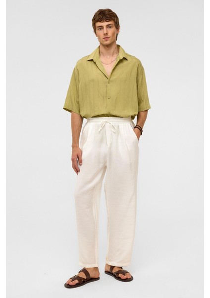 Oversize Çizgili Kısa Kollu Modal Kumaş Gömlek Yeşil