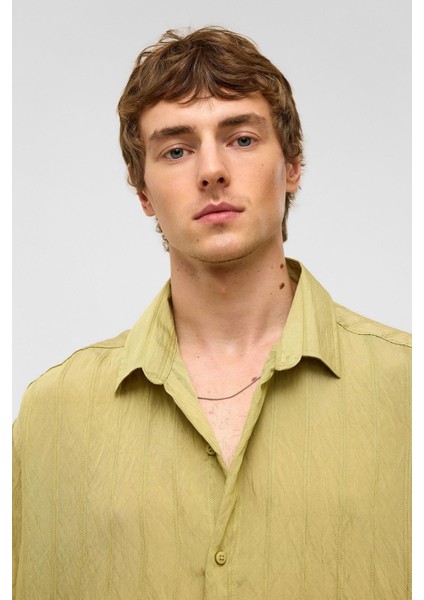 Oversize Çizgili Kısa Kollu Modal Kumaş Gömlek Yeşil indirimleri