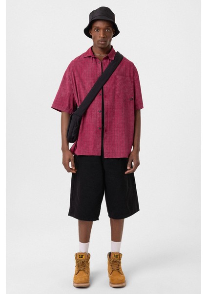 Oversize Cepli Kareli Kısa Kol Gömlek Bordo