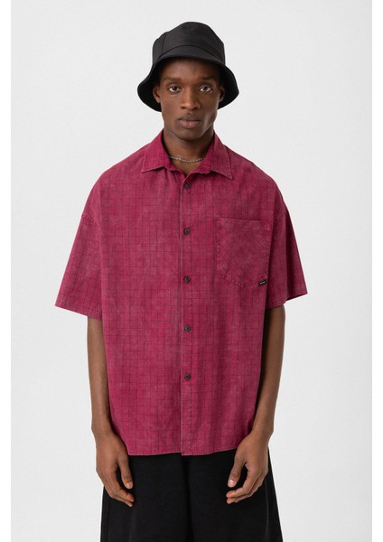 Oversize Cepli Kareli Kısa Kol Gömlek Bordo fiyatları