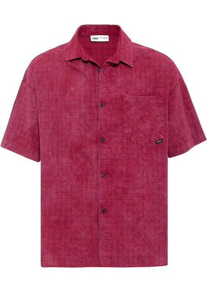 Oversize Cepli Kareli Kısa Kol Gömlek Bordo modelleri
