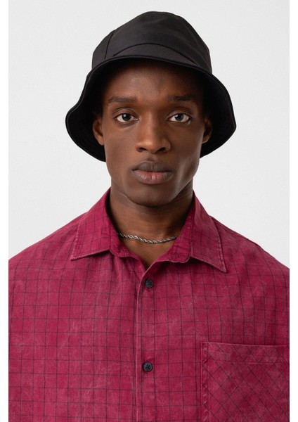 Oversize Cepli Kareli Kısa Kol Gömlek Bordo fırsatları