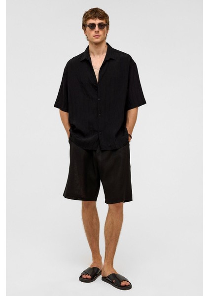 Oversize Çizgili Kısa Kollu Modal Kumaş Gömlek Siyah