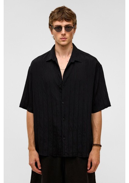 Oversize Çizgili Kısa Kollu Modal Kumaş Gömlek Siyah fiyatları