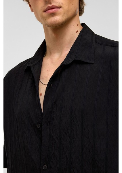 Oversize Çizgili Kısa Kollu Modal Kumaş Gömlek Siyah indirimleri