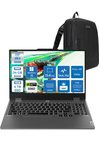 Loq 15IRX10 Intel® Core I5-13450HX 24GB Ddr5 4tb SSD 15.6" 8GB/RTX5060 100W (1920X1080) IPS 300NITS 144Hz, G-Sync® Windows 11 Pro Gaming BILG.83JE00JMTRP05+ZETTAÇANTA