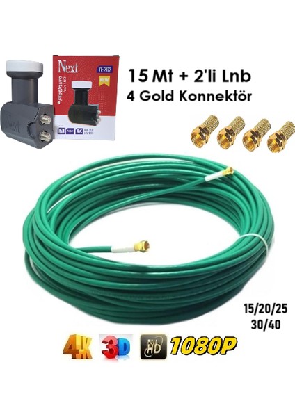 15 Metre 64 Tel Gold Uçlu Hazır Anten Kablosu + 2'li Next Lnb + 4 Gold Konnektör Full Hd 4K