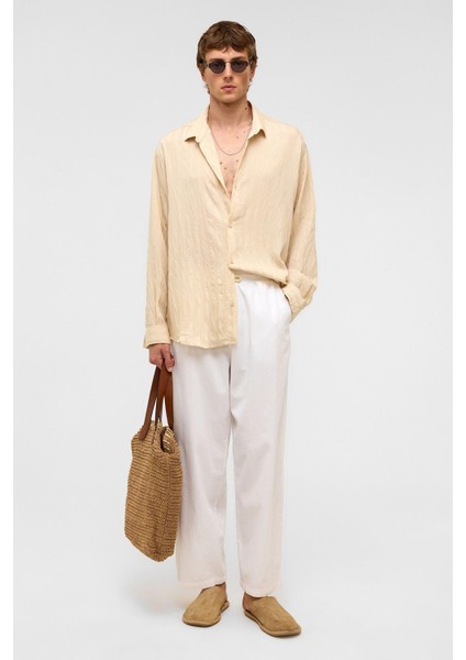 Oversize Uzun Kollu Modal Kumaş Gömlek Bej