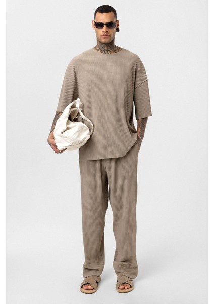 Basic Oversize Bisiklet Yaka Ottoman Takım Vizon