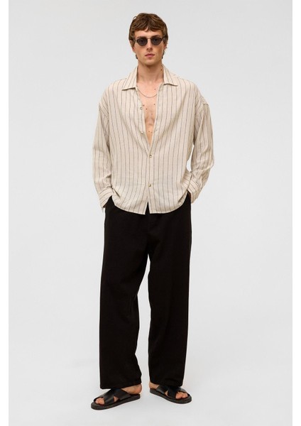 Oversize Uzun Kollu Çizgili Keten Gömlek Siyah