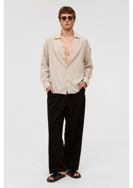 Oversize Uzun Kollu Çizgili Keten Gömlek Siyah modelleri