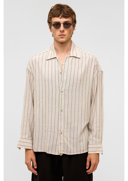 Oversize Uzun Kollu Çizgili Keten Gömlek Siyah fırsatları