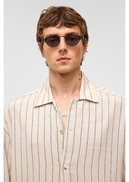 Oversize Uzun Kollu Çizgili Keten Gömlek Siyah indirimleri