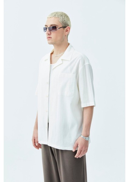 Cep Detaylı Kısa Kol Oversize Keten Gömlek Ekru fiyatları