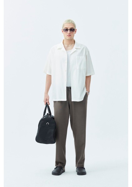 Cep Detaylı Kısa Kol Oversize Keten Gömlek Ekru modelleri