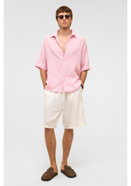 Oversize Kısa Kollu Müslin Kumaş Gömlek Pembe