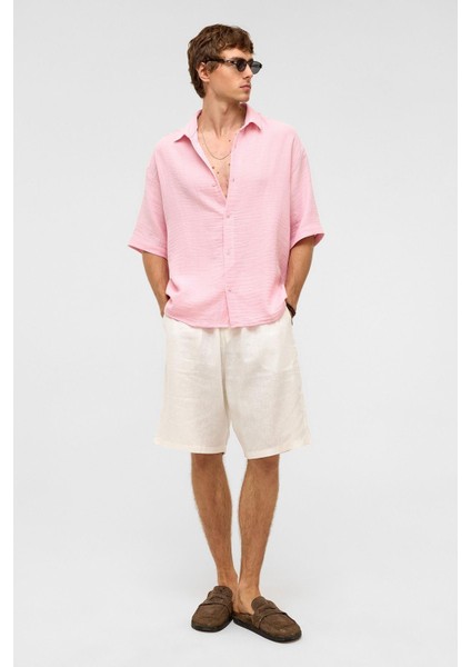 Oversize Kısa Kollu Müslin Kumaş Gömlek Pembe fiyatları