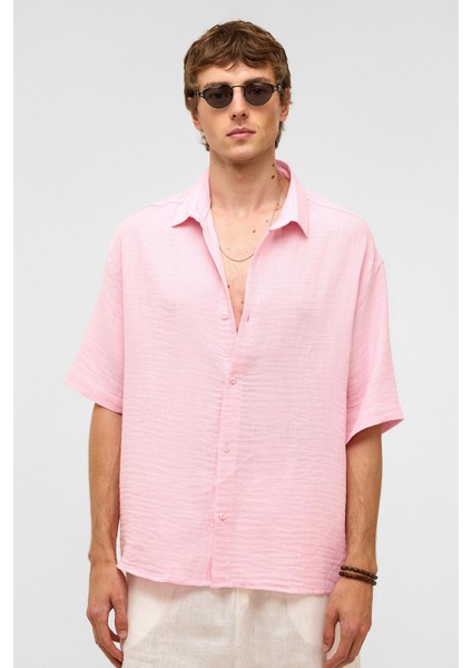 Oversize Kısa Kollu Müslin Kumaş Gömlek Pembe modelleri