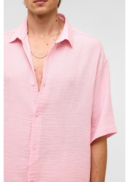 Oversize Kısa Kollu Müslin Kumaş Gömlek Pembe indirimleri