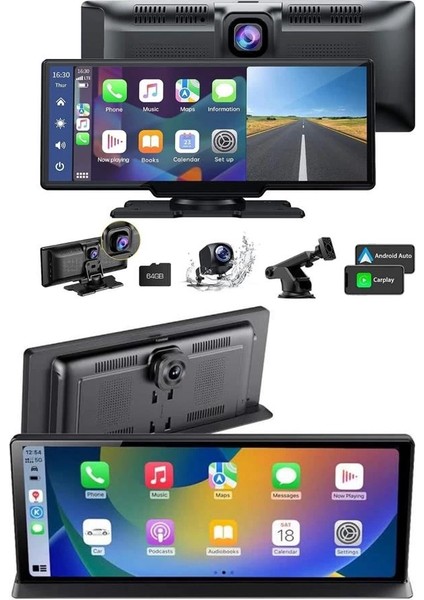 4K 10.2 Inç Çift Kameralı Araç Multimedya Ekranı Carplay Kablosuz Tüm Cihazlara Uyumlu