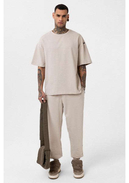 Paça Lastikli Basic Oversize Eşofman Takımı Bej