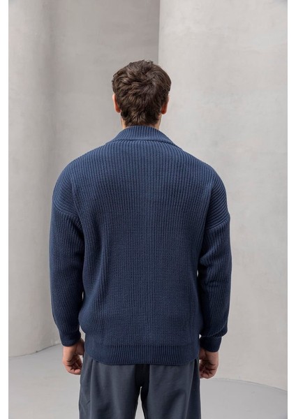 Oversize Selanik Örme Fermuarlı Erkek Hırka- Indigo