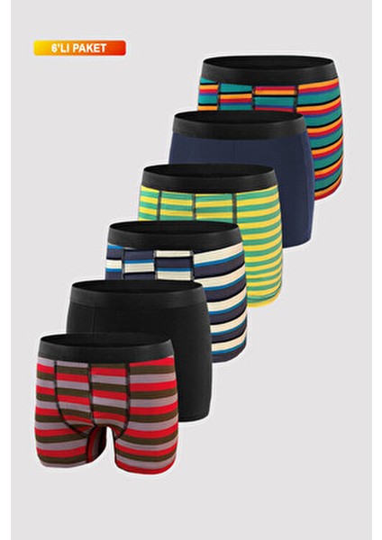 Erkek Koyu Desenli Boxer 6'lı Paket Pamuklu Likralı Konforlu Kullanım