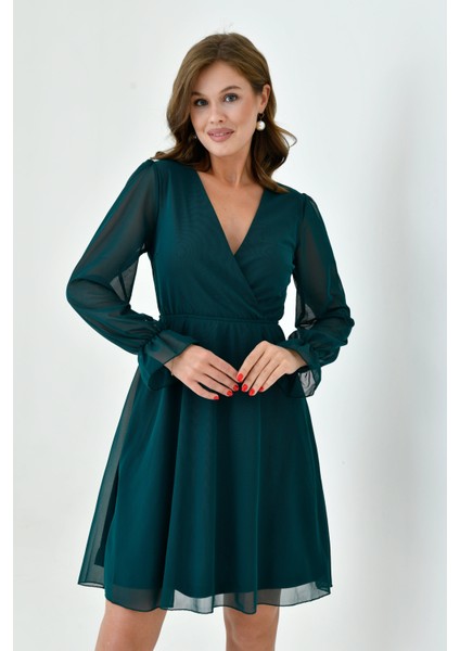 Kadın Şifon Kruvaze Curve Volanlı Esnek Tül Uzun Kol Şık Büyük Beden Elbise