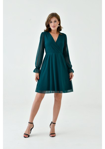 Kadın Şifon Kruvaze Curve Volanlı Esnek Tül Uzun Kol Şık Büyük Beden Elbise fiyatları