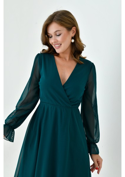 Kadın Şifon Kruvaze Curve Volanlı Esnek Tül Uzun Kol Şık Büyük Beden Elbise modelleri