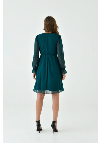 Kadın Şifon Kruvaze Curve Volanlı Esnek Tül Uzun Kol Şık Büyük Beden Elbise fırsatları