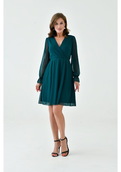 Kadın Şifon Kruvaze Curve Volanlı Esnek Tül Uzun Kol Şık Büyük Beden Elbise indirimleri