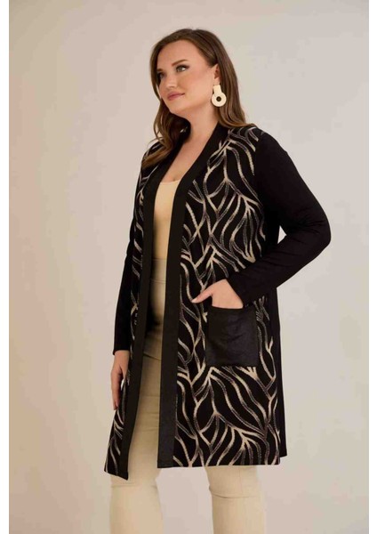 Kadın Siyah Büyük Beden Kristal Kumaş Ceket Hırka