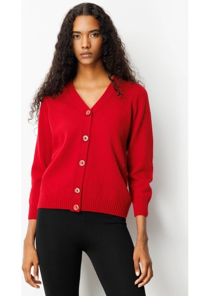 Kadın V Yaka Kısa Yün Hırka K.kırmızı