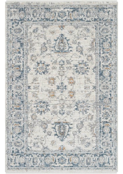 Belina Mavi Krem Salon Halısı Etnik Desen Eskitme Yumuşak Bukle Dokuma Oturma Odası Halısı