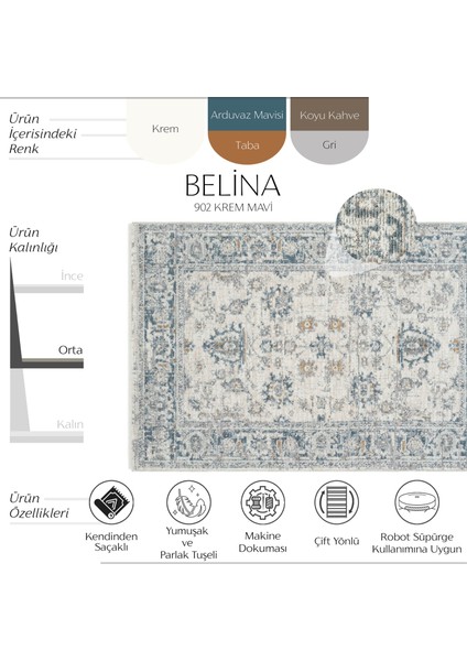 Belina Mavi Krem Salon Halısı Etnik Desen Eskitme Yumuşak Bukle Dokuma Oturma Odası Halısı modelleri