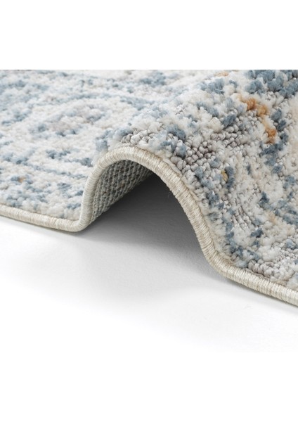 Belina Mavi Krem Salon Halısı Etnik Desen Eskitme Yumuşak Bukle Dokuma Oturma Odası Halısı