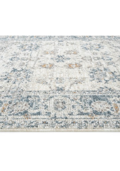 Belina Mavi Krem Salon Halısı Etnik Desen Eskitme Yumuşak Bukle Dokuma Oturma Odası Halısı