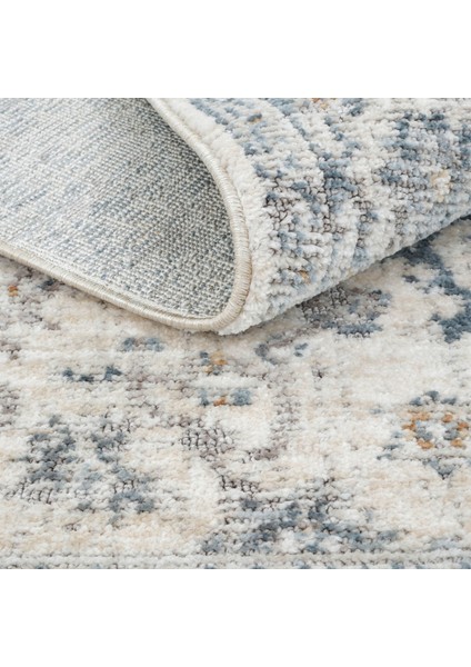 Belina Mavi Krem Salon Halısı Etnik Desen Eskitme Yumuşak Bukle Dokuma Oturma Odası Halısı