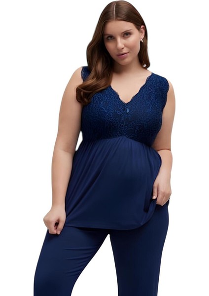 Kadın V Yaka Dantel Detay Askılı Şık Büyük Beden Curve Viskon Gecelik Bluz