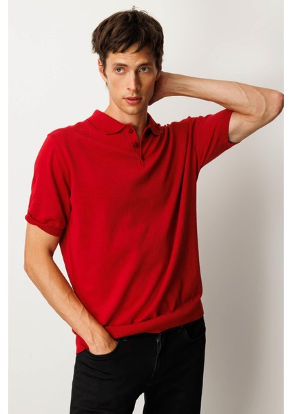 Erkek Polo Yaka %100 Pamuk Kısa Kol Ince Triko Kırmızı