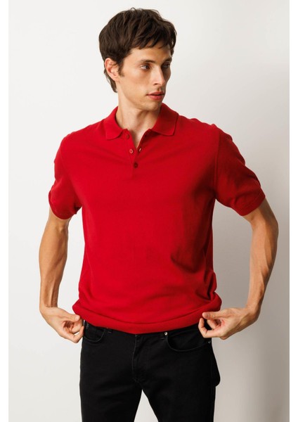 Erkek Polo Yaka %100 Pamuk Kısa Kol Ince Triko Kırmızı indirimleri