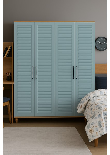 Mavi Dolap 4 Kapaklı-Çekmeceli | %100 MDF | REHAU Kapaklı | Çekmeceli | Ağaç Ayaklı