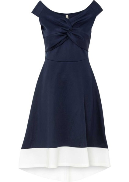 Kadın Kayık Yaka Lacivert Volanlı Çan Kesim Şık Curve Gece Abiye/mezuniyet Elbisesi