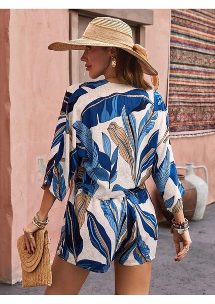 Kadın %100 Pamuk Şortlu Ceketli Desenli Yazlık Spor Şık Rahat Kalıp Kimonolu Şort Alt Üst Takım modelleri