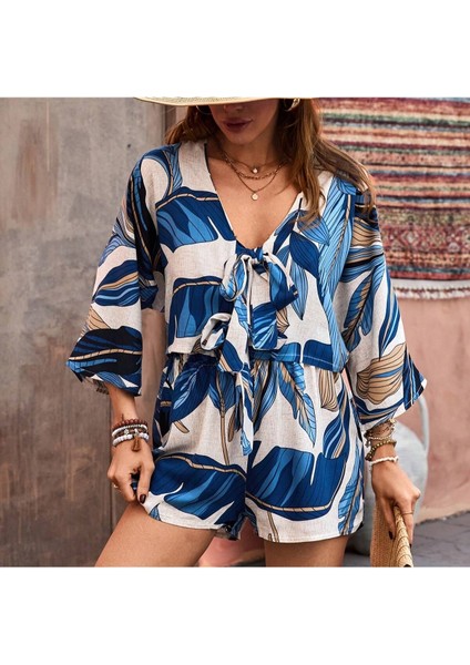 Kadın %100 Pamuk Şortlu Ceketli Desenli Yazlık Spor Şık Rahat Kalıp Kimonolu Şort Alt Üst Takım fırsatları