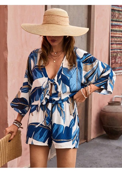 Kadın %100 Pamuk Şortlu Ceketli Desenli Yazlık Spor Şık Rahat Kalıp Kimonolu Şort Alt Üst Takım indirimleri