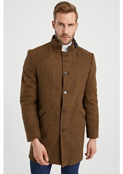 Hardal Yün Karışımlı Dik Yaka Kaban Kalın Dokuma Kadın Casual Stil