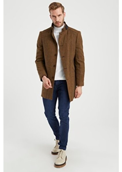 Hardal Yün Karışımlı Dik Yaka Kaban Kalın Dokuma Kadın Casual Stil modelleri