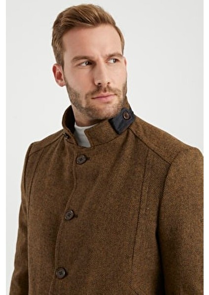 Hardal Yün Karışımlı Dik Yaka Kaban Kalın Dokuma Kadın Casual Stil indirimleri